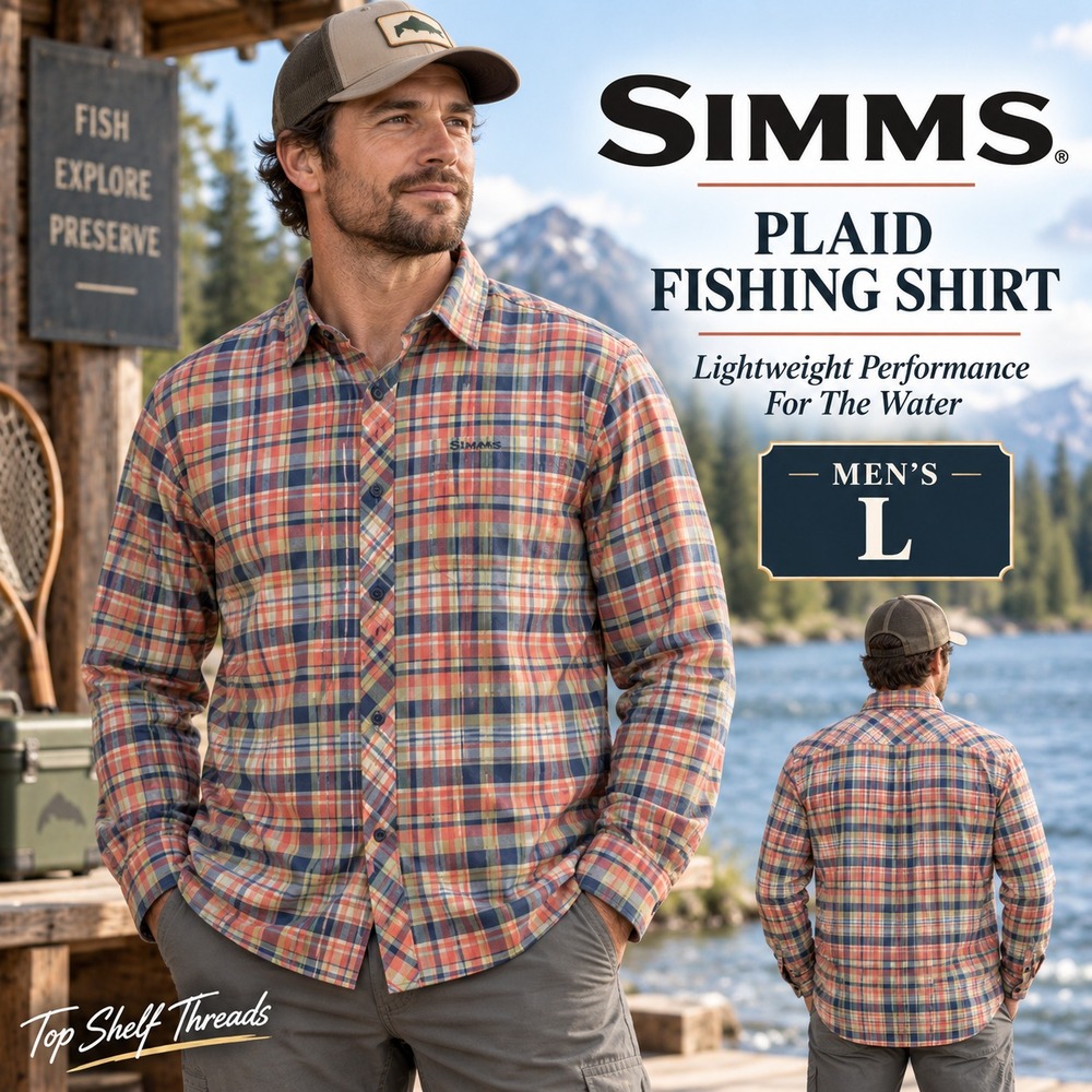 Simms Men L Plaid Long Sleeve Fishing Shirt Nylon Spandex Performance Fly Fish